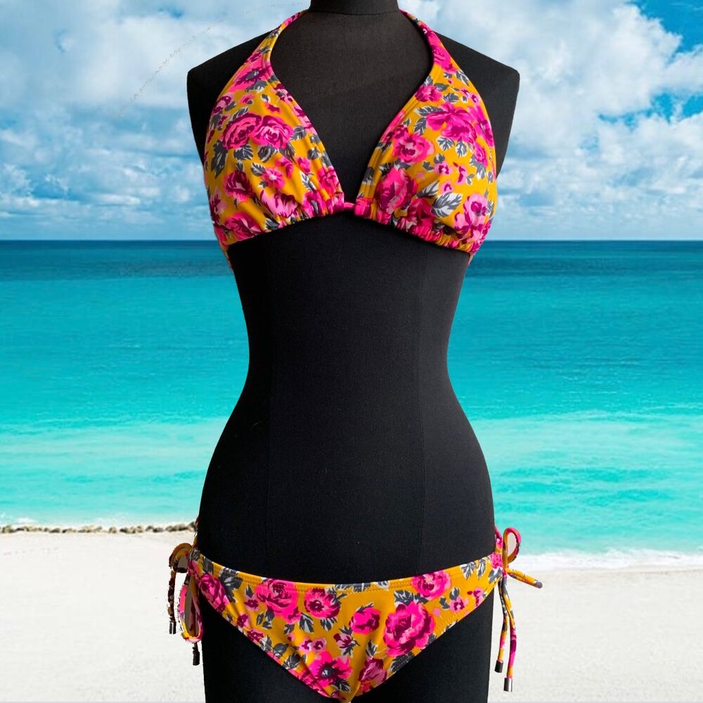 Billabong surf BLUE CRUSH era Vintage bikini floral D cup halter top set RARE
